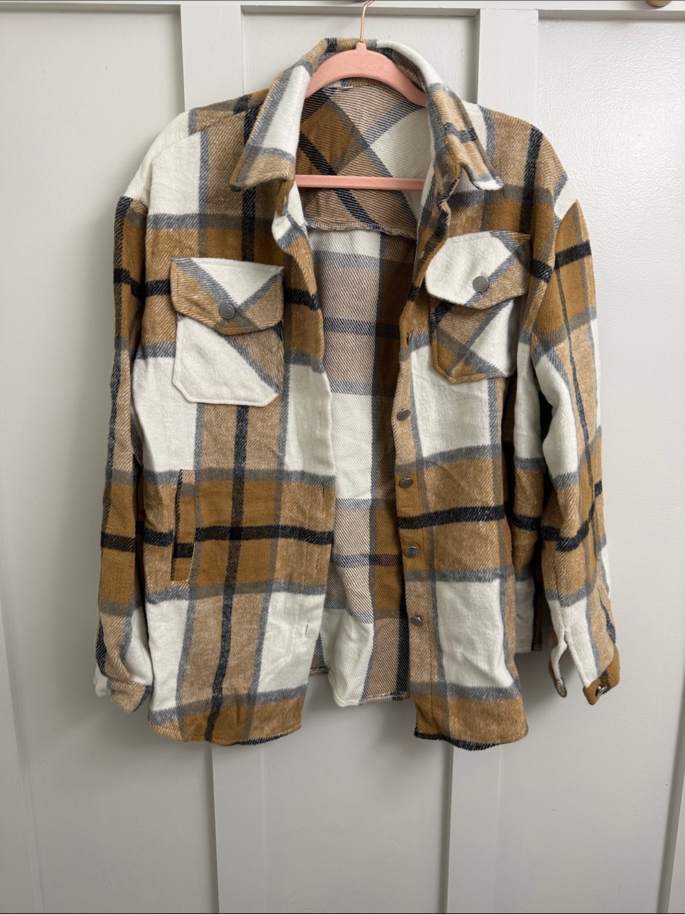 Women’s Plaid Shacket Jacket - Cream & Brown
